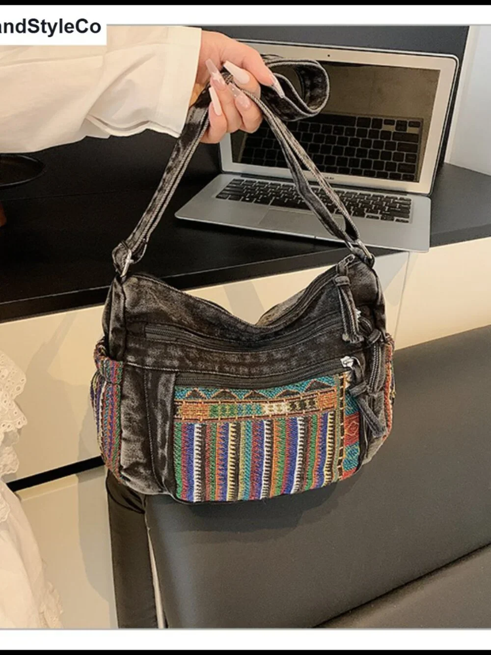 Boho Denim Crossbody Bag with Pockets, Adjustable Strap, Vintage Hippie Purse